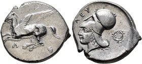 AKARNANIA. Leukas. Circa 380-320 BC. Stater (Silver, 24 mm, 8.66 g, 6 h). Pegasos flying left; below, Λ. Rev. ΛΕΥ Head of Athena to left, wearing Cori...