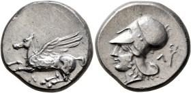 AKARNANIA. Leukas. Circa 350-320 BC. Stater (Silver, 20 mm, 8.52 g, 9 h). Λ Pegasos flying left. Rev. Head of Athena to left, wearing Corinthian helme...