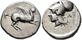 AKARNANIA. Leukas. Circa 350-320 BC. Stater (Silver, 21 mm, 8.46 g, 3 h). Pegasus flying right. Rev. Head of Athena to left, wearing Corinthian helmet...