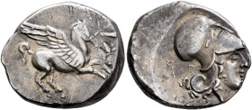 AKARNANIA. Leukas. Circa 350-320 BC. Stater (Silver, 24 mm, 8.53 g, 12 h). Λ Pegasus flying right. Rev. Head of Athena to right, wearing Corinthian he...
