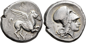 AKARNANIA. Leukas. Circa 350-320 BC. Stater (Silver, 20 mm, 8.42 g, 6 h). Λ Pegasos flying right. Rev. Head of Athena to right, wearing Corinthian hel...