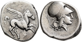 AKARNANIA. Leukas. Circa 350-320 BC. Stater (Silver, 22 mm, 8.53 g, 3 h). Pegasos flying right. Rev. Head of Athena to right, wearing Corinthian helme...