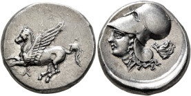 AKARNANIA. Leukas. Circa 320-280 BC. Stater (Silver, 21 mm, 8.44 g, 10 h). Λ Pegasus flying left. Rev. Head of Athena to left, wearing Corinthian helm...