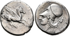AKARNANIA. Leukas. Circa 350-320 BC. Stater (Silver, 21 mm, 8.24 g, 11 h). Λ Pegasos flying right. Rev. Head of Athena to left, wearing Corinthian hel...