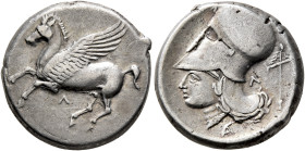 AKARNANIA. Leukas. Circa 320-280 BC. Stater (Silver, 21 mm, 8.47 g, 12 h). Λ Pegasos flying left. Rev. Head of Athena to left, wearing Corinthian helm...