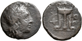 AKARNANIA. Phytia. Circa 300-250 BC. AE (Bronze, 16 mm, 2.78 g, 4 h). Laureate head of Apollo to right. Rev. ΦΥ-ΘΕ Tripod; in upper left field, monogr...