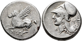 AKARNANIA. Thyrrheion. Circa 320-280 BC. Stater (Silver, 21 mm, 7.88 g, 3 h). Θ Pegasus flying left. Rev. Θ-Y Head of Athena to left, wearing Corinthi...