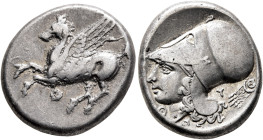 AKARNANIA. Thyrrheion. Circa 320-280 BC. Stater (Silver, 21 mm, 8.42 g, 11 h). Θ Pegasos flying left. Rev. Head of Athena to left, wearing Corinthian ...