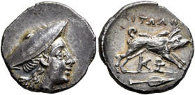 AITOLIA, Aitolian League. Circa 170-160 BC. Triobol (Silver, 16 mm, 2.45 g, 12 h), Korkyrean standard. Head of Aitolia to right, wearing kausia. Rev. ...