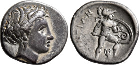 LOKRIS. Lokris Opuntii. Circa 340-330 BC. Triobol or Hemidrachm (Silver, 15 mm, 2.61 g, 12 h). Head of Demeter to right, wearing wreath of wheat leave...