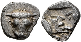 PHOKIS, Federal Coinage. Circa 457-446. Obol (Silver, 9 mm, 0.95 g, 6 h). Facing head of a bull. Rev. Forepart of a boar to right; to upper right, oli...