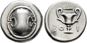 BOEOTIA, Federal Coinage. Circa 395-340 BC. Hemidrachm (Silver, 13 mm, 2.53 g). Boeotian shield. Rev. BO-I Kantharos; above, club right; all within in...