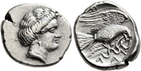 EUBOIA. Chalkis. Circa 338-308 BC. Drachm (Silver, 17 mm, 3.63 g, 12 h). Head of the nymph Chalkis to right, her hair in a roll, wearing pendant earri...