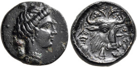 EUBOIA. Histiaia. 4th-3rd centuries BC. Chalkous (Bronze, 14 mm, 1.99 g, 7 h). Head of the nymph Histiaia to right. Rev. ΙΣΤΙ Head of a bull to right ...