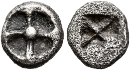 ATTICA. Athens. Circa 515-510 BC. Obol (Silver, 7 mm, 0.52 g). Wheel of four spokes. Rev. Quadripartite incuse square divided diagonally. Dewing 1657....