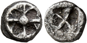 ATTICA. Athens. Circa 515-510 BC. Obol (Silver, 8 mm, 0.47 g, 12 h), 'Wappenmünzen' type. Wheel of four spokes. Rev. Quadripartite incuse square divid...