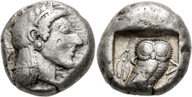 ATTICA. Athens. Circa 500/490-485/0 BC. Tetradrachm (Silver, 21 mm, 17.21 g, 10 h). Head of Athena to right, wearing crested Attic and round earring. ...