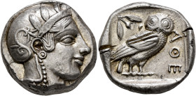 ATTICA. Athens. Circa 440s BC. Tetradrachm (Silver, 23 mm, 17.22 g, 9 h). Head of Athena to right, wearing crested Attic helmet decorated with three o...