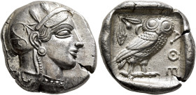 ATTICA. Athens. Circa 440s-430s BC. Tetradrachm (Silver, 26 mm, 17.20 g, 3 h). Head of Athena to right, wearing crested Attic helmet decorated with th...