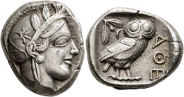 ATTICA. Athens. Circa 430s-420s BC. Tetradrachm (Silver, 25 mm, 17.20 g, 3 h). Head of Athena to right, wearing crested Attic helmet decorated with th...