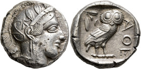 ATTICA. Athens. Circa 430s-420s BC. Tetradrachm (Silver, 23 mm, 17.11 g, 10 h). Head of Athena to right, wearing crested Attic helmet decorated with t...