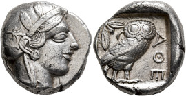 ATTICA. Athens. Circa 430s-420s BC. Tetradrachm (Silver, 23 mm, 17.22 g, 12 h). Head of Athena to right, wearing crested Attic helmet decorated with t...