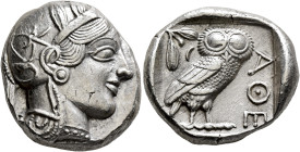 ATTICA. Athens. Circa 430s-420s BC. Tetradrachm (Silver, 24 mm, 17.23 g, 10 h). Head of Athena to right, wearing crested Attic helmet decorated with t...