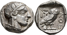 ATTICA. Athens. Circa 430s-420s BC. Tetradrachm (Silver, 25 mm, 17.20 g, 8 h). Head of Athena to right, wearing crested Attic helmet decorated with th...