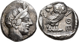 ATTICA. Athens. Circa 430s-420s BC. Tetradrachm (Silver, 24 mm, 17.29 g, 8 h). Head of Athena to right, wearing crested Attic helmet decorated with th...