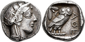 ATTICA. Athens. Circa 430s-420s BC. Tetradrachm (Silver, 23 mm, 17.13 g, 9 h). Head of Athena to right, wearing crested Attic helmet decorated with th...