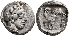 ATTICA. Athens. Circa 430s-420s BC. Drachm (Silver, 15 mm, 4.05 g, 1 h). Head of Athena to right, wearing crested Attic helmet decorated with three ol...