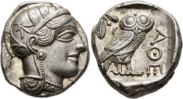 ATTICA. Athens. Circa 430s-420s BC. Tetradrachm (Silver, 25 mm, 17.22 g, 6 h). Head of Athena to right, wearing crested Attic helmet decorated with th...
