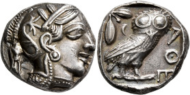 ATTICA. Athens. Circa 420s-404 BC. Tetradrachm (Silver, 24 mm, 17.20 g, 9 h). Head of Athena to right, wearing crested Attic helmet decorated with thr...