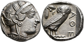 ATTICA. Athens. Circa 420s-404 BC. Tetradrachm (Silver, 25 mm, 17.17 g, 9 h). Head of Athena to right, wearing crested Attic helmet decorated with thr...