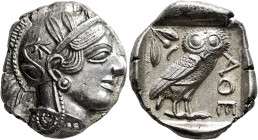 ATTICA. Athens. Circa 420s-404 BC. Tetradrachm (Silver, 26 mm, 17.20 g, 12 h). Head of Athena to right, wearing crested Attic helmet decorated with th...