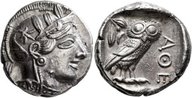 ATTICA. Athens. Circa 420s-404 BC. Tetradrachm (Silver, 25 mm, 17.17 g). Head of Athena to right, wearing crested Attic helmet decorated with three ol...