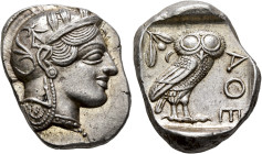 ATTICA. Athens. Circa 420s-404 BC. Tetradrachm (Silver, 29 mm, 17.23 g, 6 h). Head of Athena to right, wearing crested Attic helmet decorated with thr...