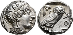 ATTICA. Athens. Circa 420s-404 BC. Tetradrachm (Silver, 23 mm, 17.20 g, 7 h). Head of Athena to right, wearing crested Attic helmet decorated with thr...