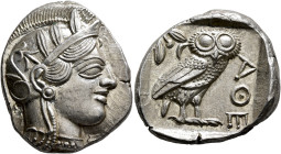 ATTICA. Athens. Circa 420s-404 BC. Tetradrachm (Silver, 28 mm, 17.23 g, 4 h). Head of Athena to right, wearing crested Attic helmet decorated with thr...