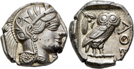 ATTICA. Athens. Circa 420s-404 BC. Tetradrachm (Silver, 24 mm, 17.22 g, 11 h). Head of Athena to right, wearing crested Attic helmet decorated with th...