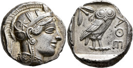 ATTICA. Athens. Circa 420s-404 BC. Tetradrachm (Silver, 26 mm, 17.24 g, 9 h). Head of Athena to right, wearing crested Attic helmet decorated with thr...