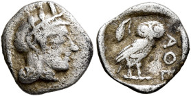 ATTICA. Athens. Circa 454-404 BC. Obol (Silver, 9 mm, 0.62 g, 12 h). Head of Athena to right, wearing crested Attic helmet decorated with three olive ...