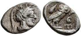 ATTICA. Athens. Circa 454-404 BC. Hemiobol (Silver, 8 mm, 0.35 g, 12 h). Head of Athena to right, wearing crested Attic helmet decorated with three ol...