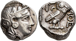 ATTICA. Athens. Circa 393-355 BC. Tetradrachm (Silver, 21 mm, 17.22 g, 7 h). Head of Athena to right, wrearing crested Attic helmet decorated with thr...