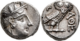ATTICA. Athens. Circa 393-355 BC. Tetradrachm (Silver, 21 mm, 17.16 g, 8 h). Head of Athena to right, wrearing crested Attic helmet decorated with thr...