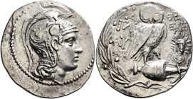 ATTICA. Athens. Circa 165-42 BC. Tetradrachm (Silver, 30 mm, 16.78 g, 11 h), Glau... and Eche..., magistrates, 138/7. Head of Athena Parthenos to righ...