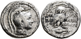 ATTICA. Athens. Circa 165-42 BC. Drachm (Silver, 17 mm, 4.18 g, 11 h), Timarchos, Nikago... and Sosi..., magistrates, 134/3. Head of Athena Parthenos ...