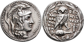 ATTICA. Athens. Circa 165-42 BC. Tetradrachm (Silver, 29 mm, 16.71 g, 12 h), Charinautes, Aristeas, and Nika-, magistrates, 112/11 BC. Head of Athena ...