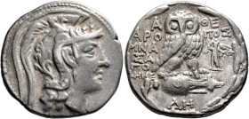 ATTICA. Athens. Circa 165-42 BC. Tetradrachm (Silver, 29 mm, 16.41 g, 12 h), Aropos, Mnasagoras and Deme..., magistrates, 96/5 BC. Head of Athena Part...
