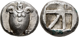 ISLANDS OFF ATTICA, Aegina. Circa 480-457 BC. Stater (Silver, 21 mm, 12.37 g). Sea turtle seen from above, head in profile, with thick collar and row ...